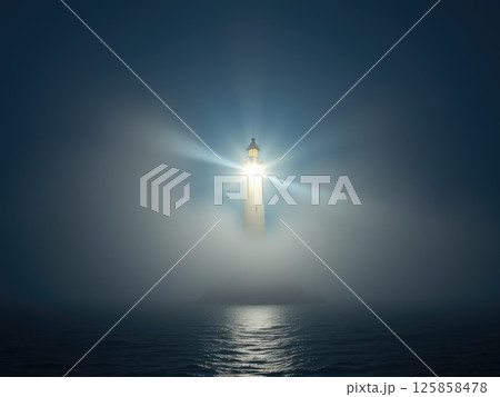 Mysterious Lighthouse in Dense Fog at Night Mysterious Lighthouse in Dense Fog at Night 125858478