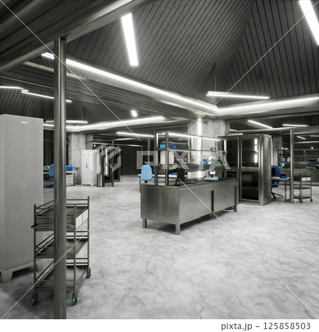 High tech laboratory interior with clean surfaces, bright lights and structured layout designed for scientific innovation. Modern industrial research lab with metal tables, storage racks 125858503