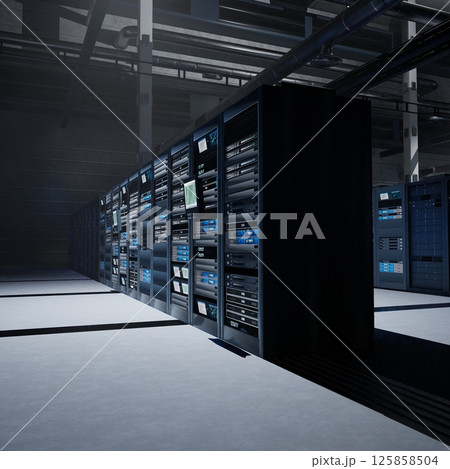 Server farm equipment managing computing loads essential for big data analysis, prediction models and automation. Supercomputers handling operational datasets for diagnostics and optimization 125858504