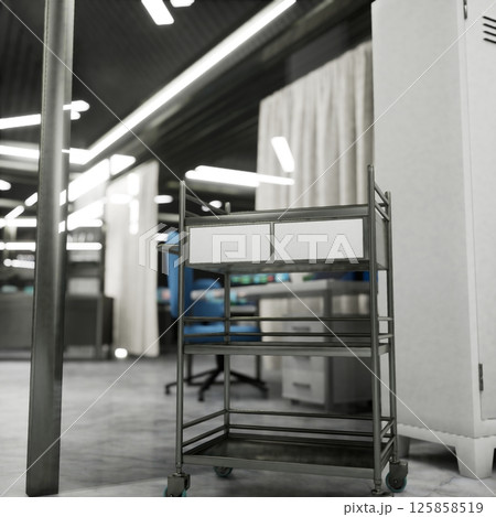 Sterile hospital lab with metal supply cart on wheels in organized clinical space. Advanced medical technology lab with with metallic sterile equipment storage, 3D render 125858519
