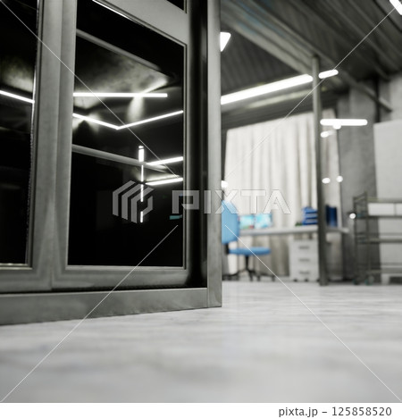 Modern clinical lab interior with concrete flooring, metal cabinet and bright lights in sterile setting. Workstation in blurry background shows blue chair at PC desk and desktop monitors, 3D render Modern clinical lab interior with concrete flooring, metal cabinet and bright lights in sterile setting. Workstation in blurry background shows blue chair at PC desk and desktop monitors, 3D render 125858520