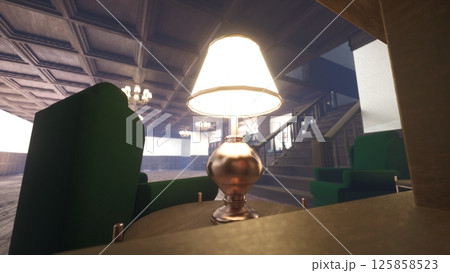 Close up shot of illuminated lamp next to green armchairs and classic wooden bookshelves, adding rustic and cozy vibes to traditional home library reading room, 3D rendering 125858523