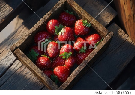 The strawberries in a rustic wooden box The strawberries in a rustic wooden box 125858555