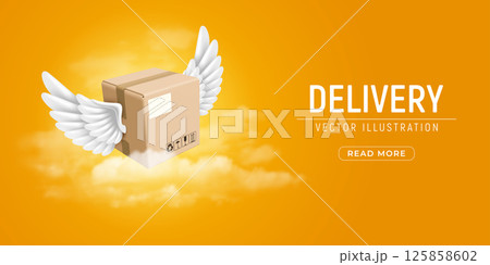 Cardboard Delivery Box With Wings Fast Delivery Banner template Cardboard Delivery Box With Wings Fast Delivery Banner template 125858602