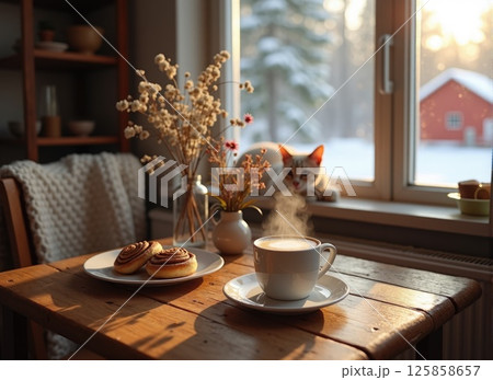 Swedish cafe during Fika. a small wooden table with a cup of coffee, a plate of cinnamon buns 125858657