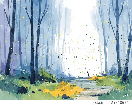 夜の森林の背景イラスト、水彩タッチ、風景、景色、夜 125858674
