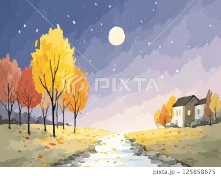 月明かりに照らされた秋の風景を描いた水彩風イラスト、背景、風景、景色、オータム 125858675