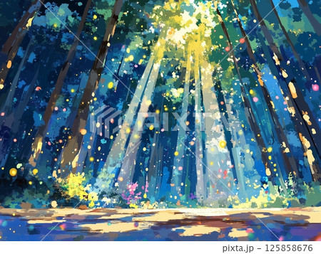 森の中に差し込む光の柱と舞い散る粒子、水彩タッチ、背景、イラスト、風景、景色 125858676