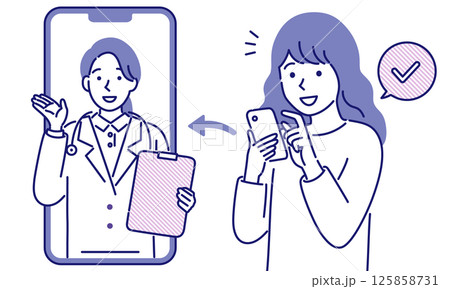スマホでオンライン診察を受ける若い女性のシンプルなベクターイラスト 125858731