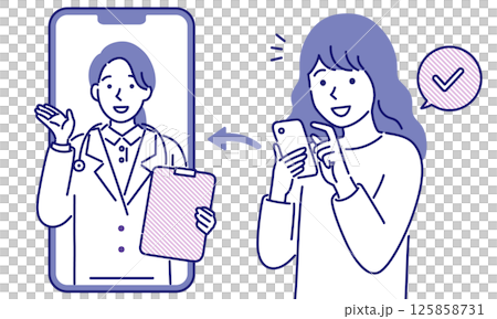 スマホでオンライン診察を受ける若い女性のシンプルなベクターイラスト 125858731