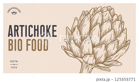 Artichoke, vegetable. Tag, label, sign, vintage retro print, black white artichoke drawing, sketch ink pencil draw, engrave old school style. Sketch artwork silhouette artichoke. Illustration Artichoke, vegetable. Tag, label, sign, vintage retro print, black white artichoke drawing, sketch ink pencil draw, engrave old school style. Sketch artwork silhouette artichoke. Illustration 125858771