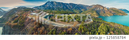 Panorama of Mountain lake in autumn Aerial view. Serre-Poncon mountain lake in winter in Hautes Alpes, France 125858784