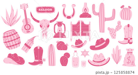 Pink Western Icons Collection Featuring Cowboy Hats, Cactus, Lanterns, Skull, Boots, and Rodeo-Themed Elements for Creative Designs 125858874