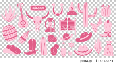 Pink Western Icons Collection Featuring Cowboy Hats, Cactus, Lanterns, Skull, Boots, and Rodeo-Themed Elements for Creative Designs 125858874