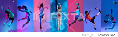 Badminton, basketball, running, swimming, handball, football and volleyball. Set of images of athletes in motion isolated on multicolor background in neon light. 125859182