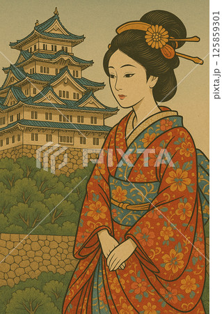 華やぐ姫と古城の調べ — 浮世絵風木版画 華やぐ姫と古城の調べ — 浮世絵風木版画 125859301