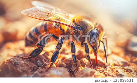 closeup of honeycomb with bee making honey process 125859531
