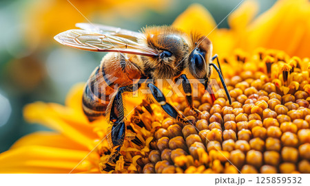 closeup of honeycomb with bee making honey process 125859532