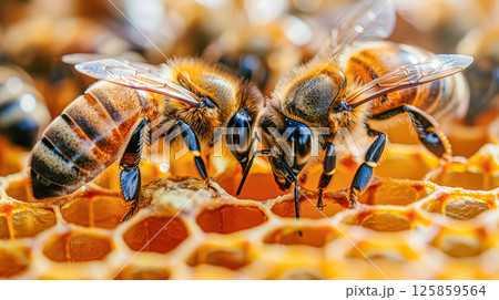 closeup of honeycomb with bee making honey process closeup of honeycomb with bee making honey process 125859564