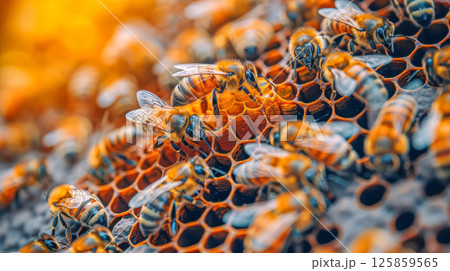 closeup of honeycomb with bee making honey process 125859565