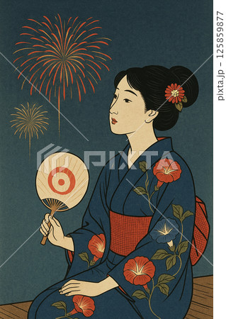 浴衣美人と夏の花火 — 浮世絵風木版画 125859877