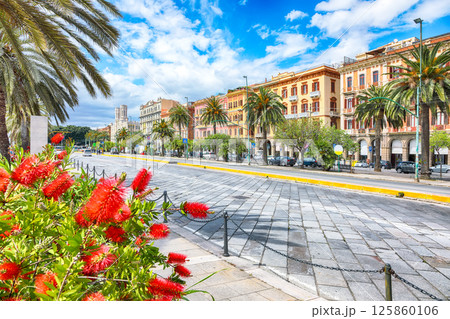 Street with typical architecture of the old center of Cagliari and Town Hall, Municipio di Cagliari. 125860106