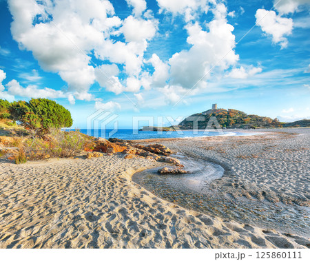View of beautiful Chia bay and wonderful beach with Torre di Chia tower. View of beautiful Chia bay and wonderful beach with Torre di Chia tower. 125860111