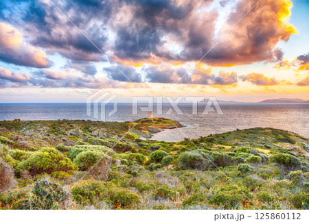 Marvelous sunset view of Piscinni bay with turquoise sea and famous coastal tower of Piscinni. Marvelous sunset view of Piscinni bay with turquoise sea and famous coastal tower of Piscinni. 125860112
