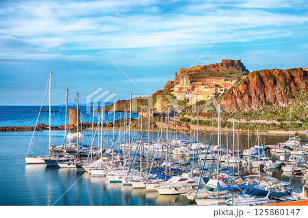 Unbelivable view of Medieval town of Castelsardo. Cityscape of Castelsardo port. Unbelivable view of Medieval town of Castelsardo. Cityscape of Castelsardo port. 125860147