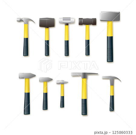 Hammer and sledgehammers with rubber and wooden handles. carpenter industry concept. Vector Hammer and sledgehammers with rubber and wooden handles. carpenter industry concept. Vector 125860333
