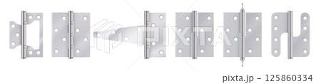 Steel door hinges in realistic style. Set of various metallic mortise equipment for adjustable fixing aperture isolated on white. vector illustration Steel door hinges in realistic style. Set of various metallic mortise equipment for adjustable fixing aperture isolated on white. vector illustration 125860334
