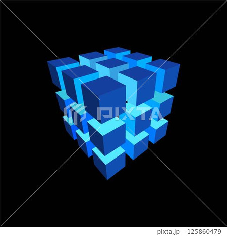 Blue cube from square grid, energy blocks vector design, geometric puzzle, isometric cubic, data box matrix, HUD element 125860479