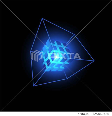 Energy cube blocks vector design, shiny blue neon cubic from square grid and lines, digital cyber matrix box, network 125860480