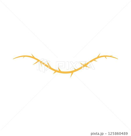 Barbwire, vector thorny wave orange line, barb curly rusty stripe, vine plant stem with spikes, gothic element isolated 125860489