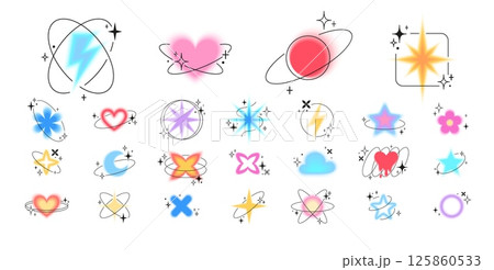 Gradient blurred elements with line art and sparkles vector icons set, colorful sparkle, flower, heart, star Y2K symbol Gradient blurred elements with line art and sparkles vector icons set, colorful sparkle, flower, heart, star Y2K symbol 125860533