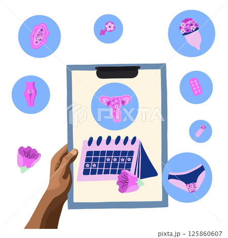 Vector isolated illustration of menstrual cycle research. Causes of menstrual cycle disorders. 125860607