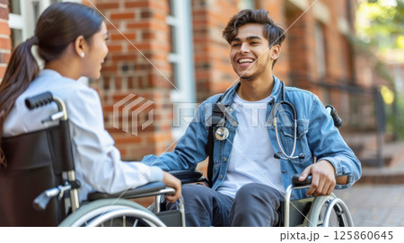 man in a wheelchair listening to music through headphones outdoors at sunset 125860645