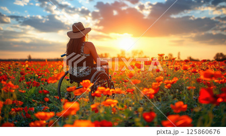 man in a wheelchair listening to music through headphones outdoors at sunset 125860676