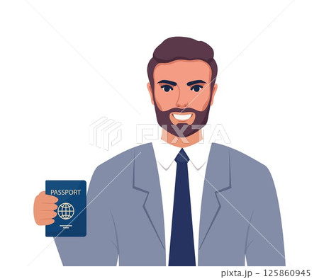 Happy man holding passport. Citizenship and visa concept. Happy male citizen receive personal identification document. Official permanent residence and citizenship. Vector illustration. 125860945