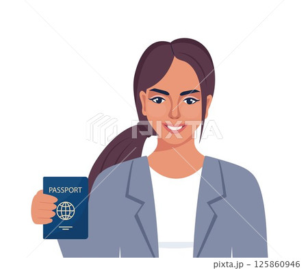 Happy woman holding passport. Citizenship and visa concept. Happy female citizen receive personal identification document. Official permanent residence and citizenship. Vector illustration. 125860946