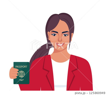 Happy woman holding passport. Citizenship and visa concept. Happy female citizen receive personal identification document. Official permanent residence and citizenship. Vector illustration. Happy woman holding passport. Citizenship and visa concept. Happy female citizen receive personal identification document. Official permanent residence and citizenship. Vector illustration. 125860949