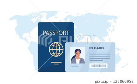 Passport and ID card on world map background. Citizenship and visa concept. Official permanent residence and citizenship concept. Travel concept. Vector illustration. Passport and ID card on world map background. Citizenship and visa concept. Official permanent residence and citizenship concept. Travel concept. Vector illustration. 125860958