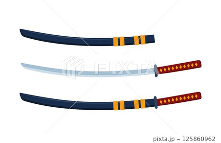 Samurai sword katana with scabbard isolated on white background. Traditional samurai warrior weapon. Vector illustration. 125860962