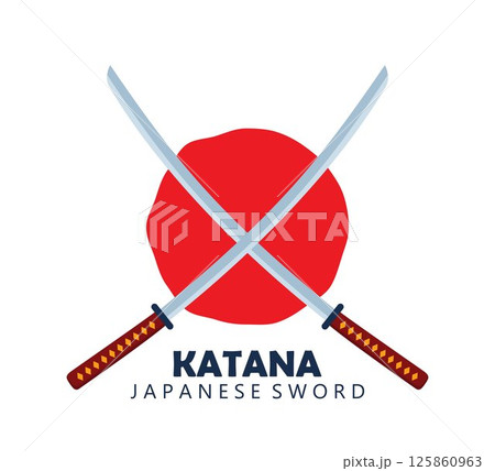 Two Japanese katana swords with crossed blades and red circle om background. Traditional samurai warrior weapon. Logo, infographic, banner, poster, web design. Vector illustration. 125860963
