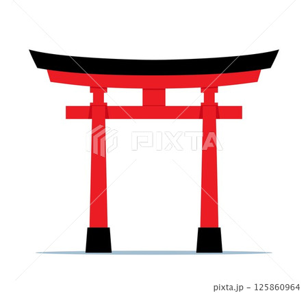 Japan torii gate. Religious symbol of shintoism. Decorative design element, arch, entrance to sacred temple. Torii japan arch gate, entrance with wooden columns in red color. Vector illustration. 125860964