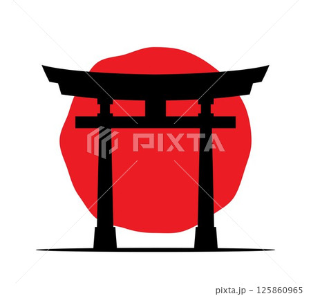 Japan torii gate logo. Stylized icon with temple gate and sun, japan or Asian logo concept. Religious symbol of Shintoism. Vector illustration. 125860965