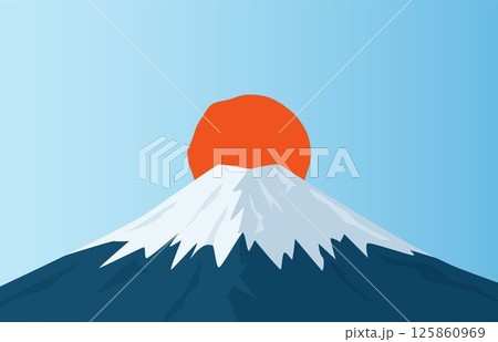 Japanese mount Fuji at sunrise or sunset, simple logo. Japanese culture symbol. Vector illustration. 125860969
