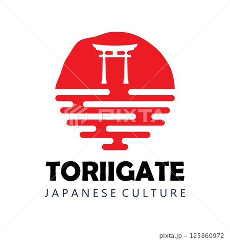 Japan torii gate logo. Stylized icon with temple gate and sun, japan or Asian logo concept. Religious symbol of Shintoism. Vector illustration. Japan torii gate logo. Stylized icon with temple gate and sun, japan or Asian logo concept. Religious symbol of Shintoism. Vector illustration. 125860972