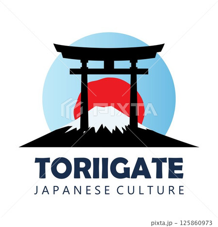 Logo with big red sun, symbol of Japan, Fujiyama mountain and sacred torii gates. Vector illustration. Logo with big red sun, symbol of Japan, Fujiyama mountain and sacred torii gates. Vector illustration. 125860973