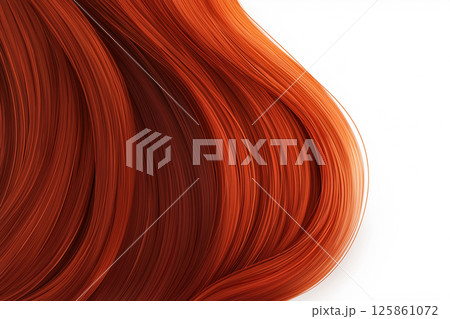 Vivid close-up of flowing red hair on a white background. Vibrant and silky red hair strands arranged in flowing patterns. 125861072